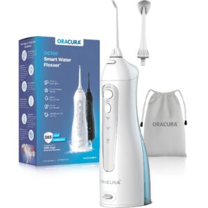 ORACURA Smart Water Flosser OC150 LITE with 150ml water tank capacity White | Portable & Rechargeable | IPX7 Waterproof | 3 Modes & 8 Adjustable Water Pressure Settings | Flossing at Home and Travel | 365 Days Warranty