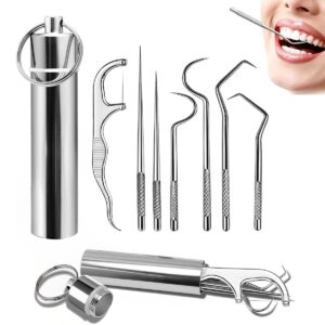 MAYCREATE® Dental Tools, 7 in 1 Stainless Steel Teeth Cleaning Tool Kit, Stainless Steel Toothpicks Teeth Cleaning Picks Flosser for Teeth Braces Cleaning Tools Reuseable Toothpicks Oral Care
